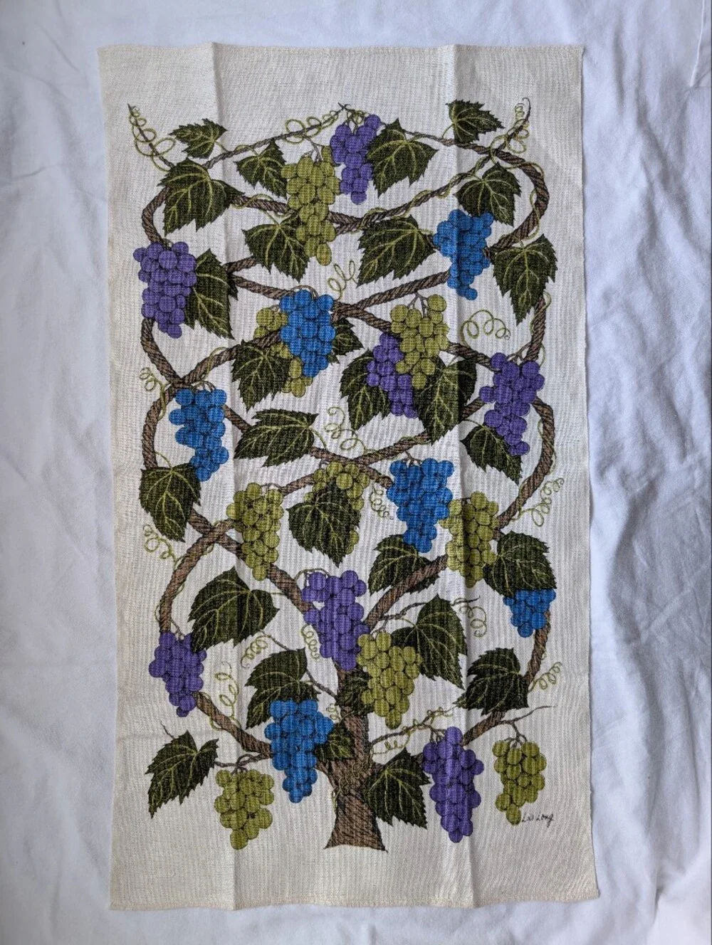 Vintage Lois Long Grape Vine Kitchen Towel in Blue, Purple, Olive